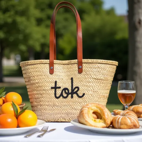 Personalized Moroccan Straw Beach Basket – Custom Embroidered Tote with Leather Handles (11.5″ × 17.7″)