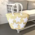 Large Handwoven Straw Tote with White Sequin Stars