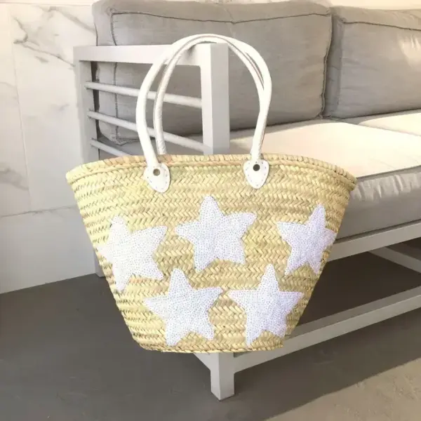 Large Handwoven Straw Tote with White Sequin Stars