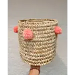 Handwoven Palm Leaf Basket with Colorful Wool Pom Poms