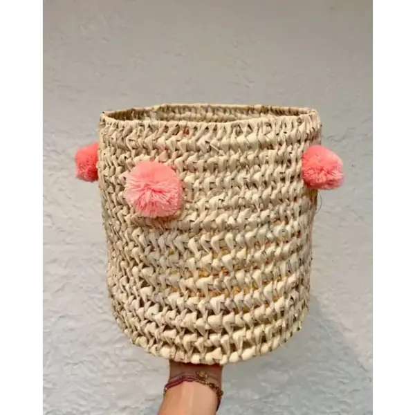 Handwoven Palm Leaf Basket with Colorful Wool Pom Poms