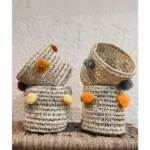 Handwoven Palm Leaf Basket with Colorful Wool Pom Poms