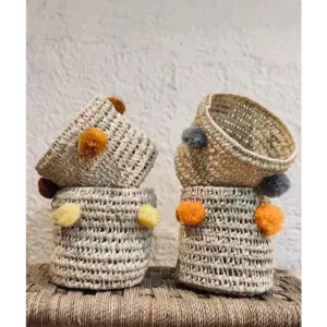 Handwoven Palm Leaf Basket with Colorful Wool Pom Poms
