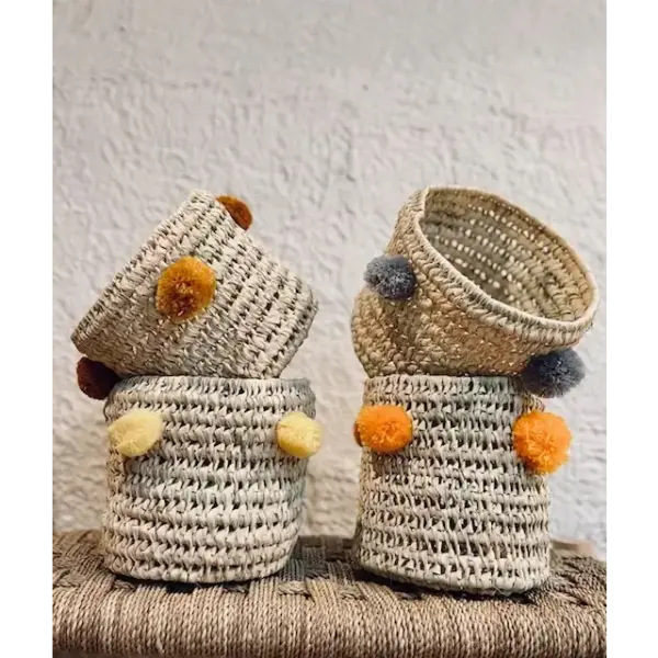 Handwoven Palm Leaf Basket with Colorful Wool Pom Poms