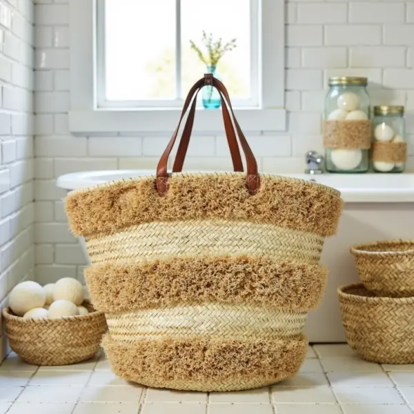 Moroccan Striped Straw Beach Tote – Handwoven Raffia Summer Bag with Leather Handles (13.5″ × 17.7″)
