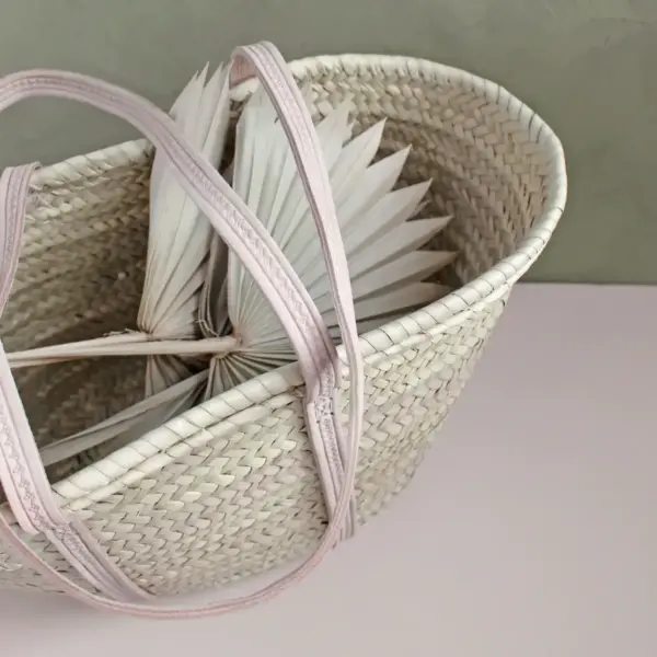 Handmade Palm Leaf Tote with Long Pink Leather Handles