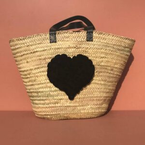 Fassiha Handwoven Palm Basket with Black Wool Hearts