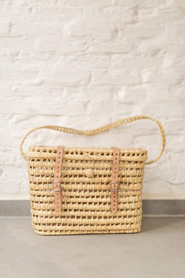 Large Handmade Bicycle Basket – Woven Palm with Leather Stra