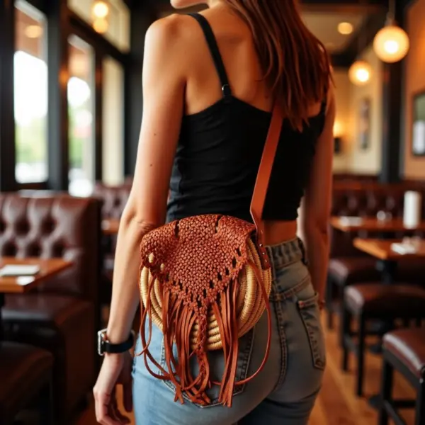 Handmade Circle Straw Bag with Leather Fringe – Boho Crossbody Purse (21 × 21 × 8 cm)