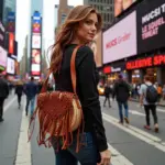 Handmade Circle Straw Bag with Leather Fringe – Boho Crossbody Purse (21 × 21 × 8 cm)