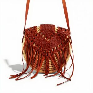 Handmade Circle Straw Bag with Leather Fringe – Boho Crossbody Purse (21 × 21 × 8 cm)