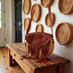 Handmade Circle Straw Bag with Leather Fringe – Boho Crossbody Purse (21 × 21 × 8 cm)