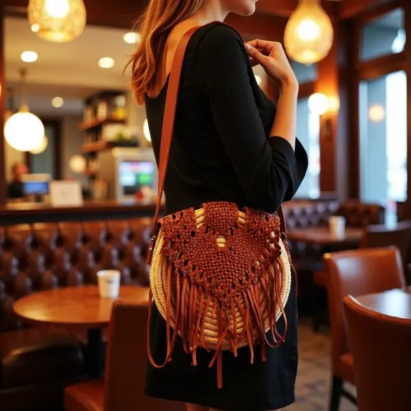 Handmade Circle Straw Bag with Leather Fringe – Boho Crossbody Purse (21 × 21 × 8 cm)