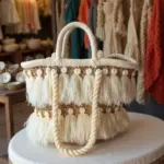 Moroccan Tassel Straw Bag – Handwoven Boho Beach Basket Tote with Cream Tassels (11.5″ × 17.7″)