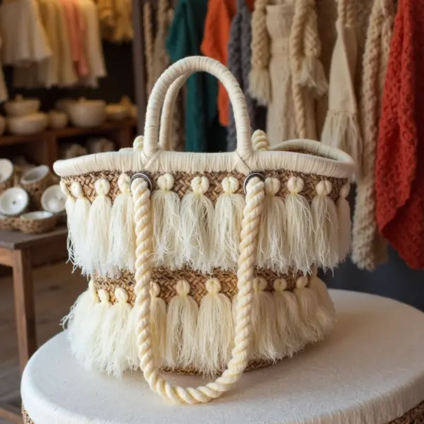 Moroccan Tassel Straw Bag – Handwoven Boho Beach Basket Tote with Cream Tassels (11.5″ × 17.7″)