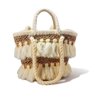 Moroccan Tassel Straw Bag – Handwoven Boho Beach Basket Tote with Cream Tassels (11.5″ × 17.7″)
