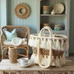 Moroccan Tassel Straw Bag – Handwoven Boho Beach Basket Tote with Cream Tassels (11.5″ × 17.7″)