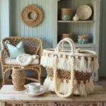Moroccan Tassel Straw Bag – Handwoven Boho Beach Basket Tote with Cream Tassels (11.5″ × 17.7″)