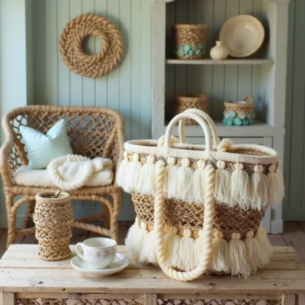 Moroccan Tassel Straw Bag – Handwoven Boho Beach Basket Tote with Cream Tassels (11.5″ × 17.7″)