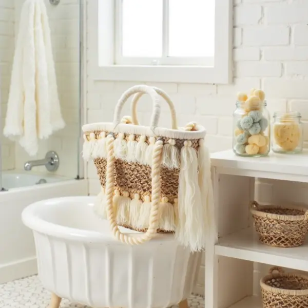 Moroccan Tassel Straw Bag – Handwoven Boho Beach Basket Tote with Cream Tassels (11.5″ × 17.7″)