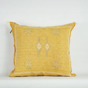 Yellow Moroccan Cactus Silk Pillow Cover – Handwoven Bohemian Sabra with YKK Zipper (19″ × 19″ / 50 × 50 cm)