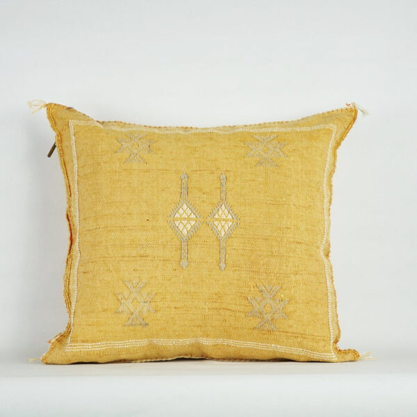 Yellow Moroccan Cactus Silk Pillow Cover – Handwoven Bohemian Sabra with YKK Zipper (19″ × 19″ / 50 × 50 cm)