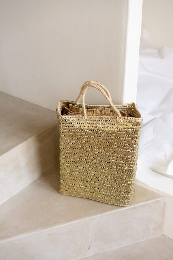 Saint Tropez Gold Sequin Basket – Handwoven Palm Leaf Bag
