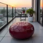 Deep Red Moroccan Leather Pouf – Handcrafted Round Ottoman (21″ × 12″)