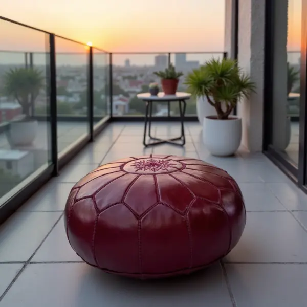 Deep Red Moroccan Leather Pouf – Handcrafted Round Ottoman (21″ × 12″)