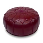 Deep Red Moroccan Leather Pouf – Handcrafted Round Ottoman (21″ × 12″)