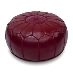 Deep Red Moroccan Leather Pouf – Handcrafted Round Ottoman (21″ × 12″)