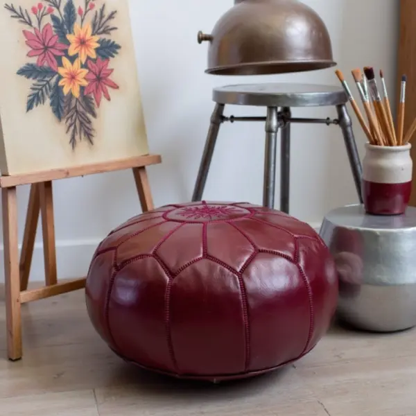 Deep Red Moroccan Leather Pouf – Handcrafted Round Ottoman (21″ × 12″)