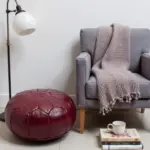Deep Red Moroccan Leather Pouf – Handcrafted Round Ottoman (21″ × 12″)