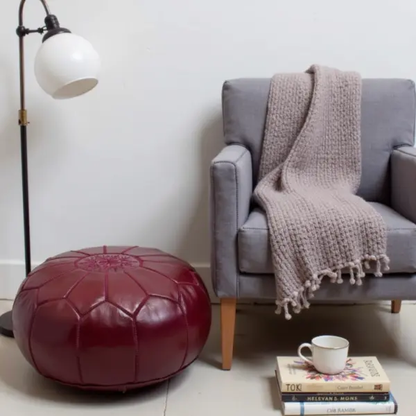 Deep Red Moroccan Leather Pouf – Handcrafted Round Ottoman (21″ × 12″)
