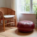 Deep Red Moroccan Leather Pouf – Handcrafted Round Ottoman (21″ × 12″)