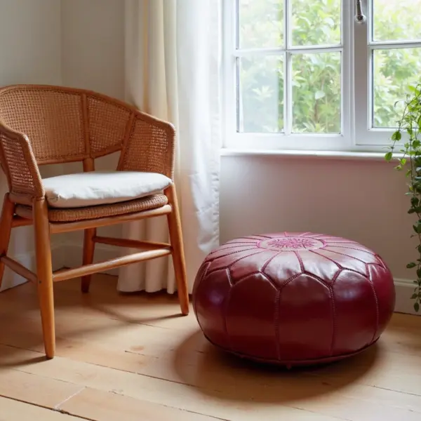 Deep Red Moroccan Leather Pouf – Handcrafted Round Ottoman (21″ × 12″)
