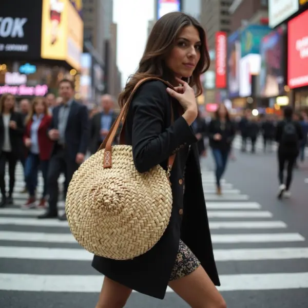Handcrafted Round Straw Bag – Moroccan Circle Tote with Leather Handles