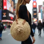 Handcrafted Round Straw Bag – Moroccan Circle Tote with Leather Handles