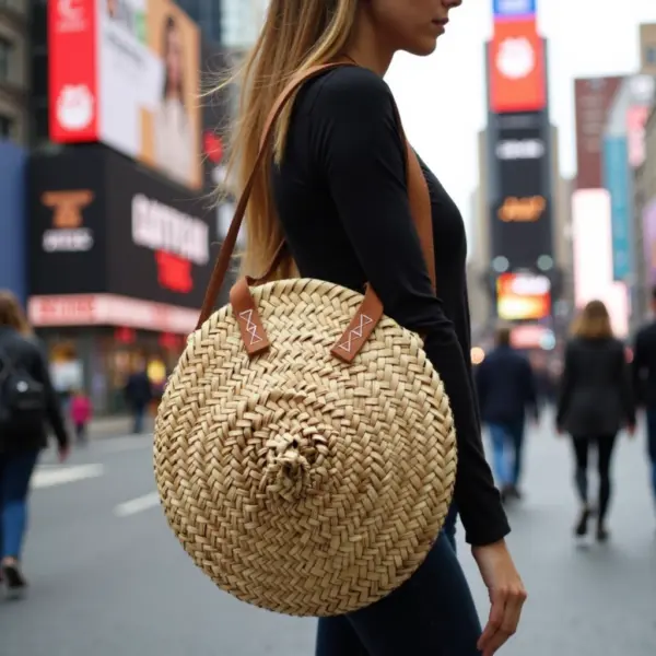 Handcrafted Round Straw Bag – Moroccan Circle Tote with Leather Handles