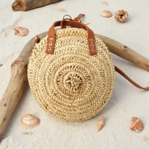 Handcrafted Round Straw Bag – Moroccan Circle Tote with Leather Handles