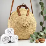Handcrafted Round Straw Bag – Moroccan Circle Tote with Leather Handles