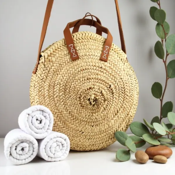 Handcrafted Round Straw Bag – Moroccan Circle Tote with Leather Handles