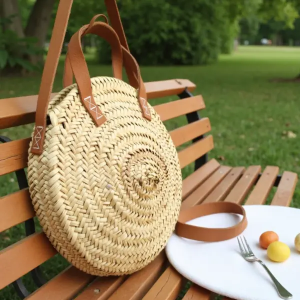 Handcrafted Round Straw Bag – Moroccan Circle Tote with Leather Handles