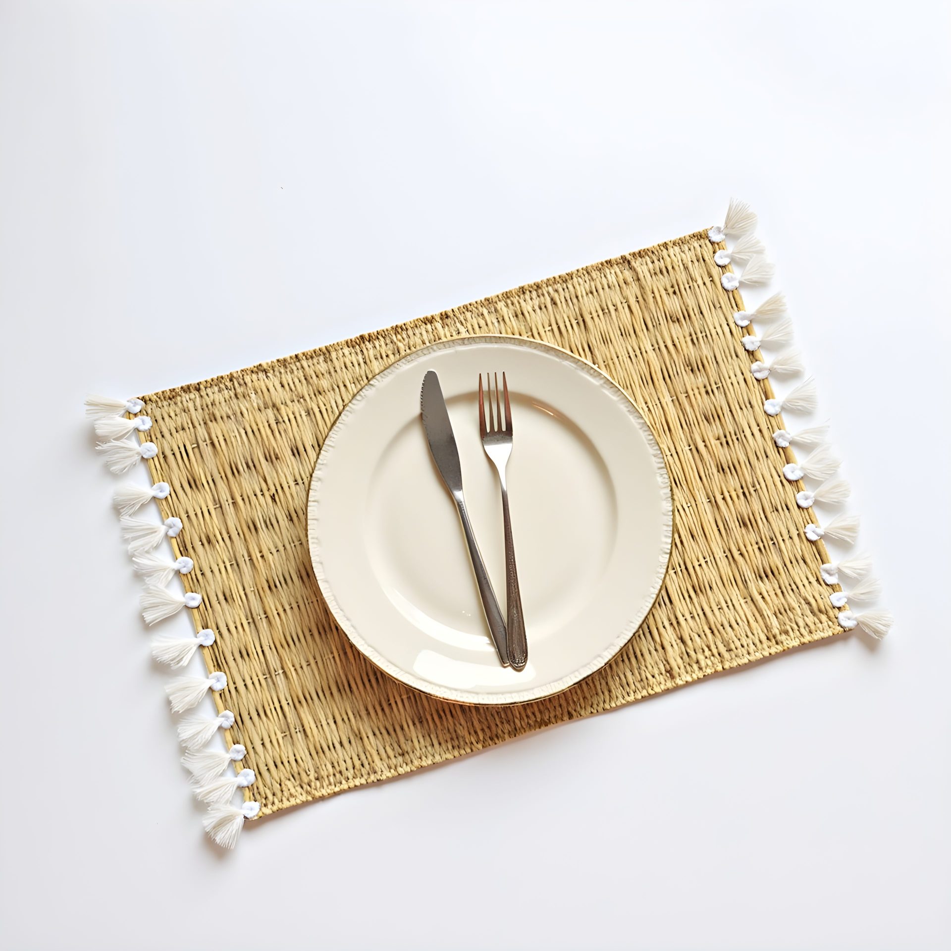 Hand-Woven Moroccan Tassel Placemats – Rattan & Cotton Dining Decor (15.5″ × 12″)