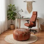 Handcrafted Tan Leather Pouf – Moroccan Ottoman with Snowflake Embroidery (21″ × 12″)