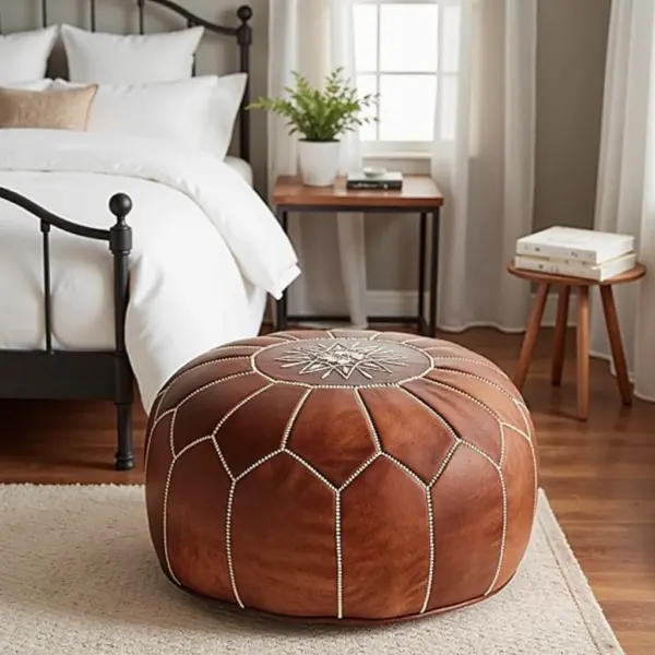 Handcrafted Tan Leather Pouf – Moroccan Ottoman with Snowflake Embroidery (21″ × 12″)