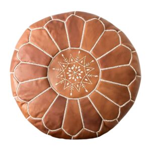 Handcrafted Tan Leather Pouf – Moroccan Ottoman with Snowflake Embroidery (21″ × 12″)