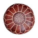 Brown Round Leather Pouf – Handstitched Moroccan Ottoman (21″ × 12″)