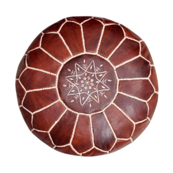 Brown Round Leather Pouf – Handstitched Moroccan Ottoman (21″ × 12″)