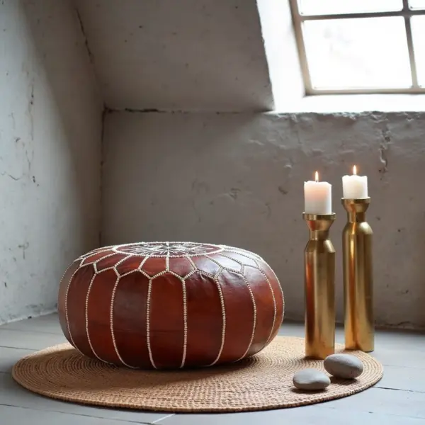 Brown Round Leather Pouf – Handstitched Moroccan Ottoman (21″ × 12″)
